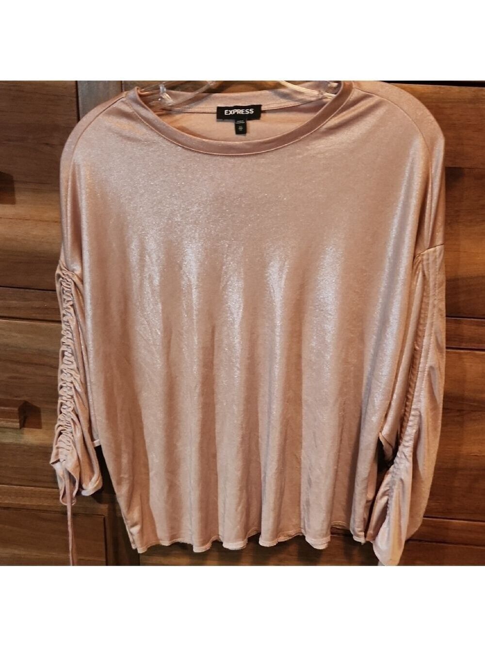Express Blush Oversized Sparkly Feminine Blouse with Relaxed Ruched Sleeves XS